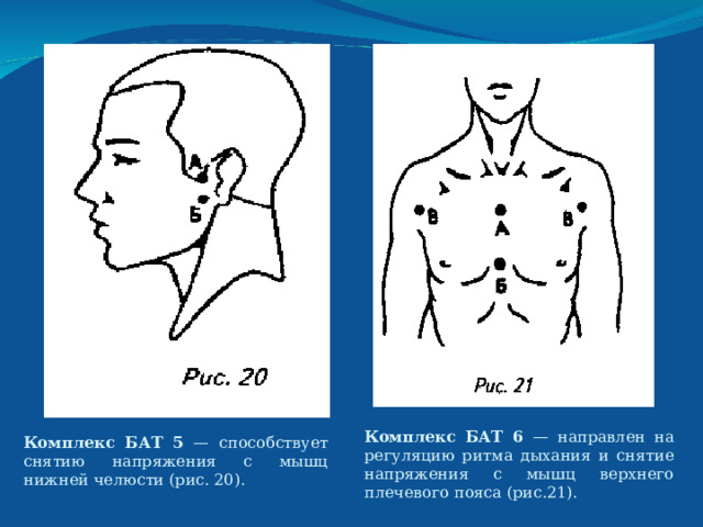 Комплекс БАТ 6 — направлен на регуляцию ритма дыхания и снятие напряжения с мышц верхнего плечевого пояса (рис.21). Комплекс БАТ  5 — способствует снятию напряжения с мышц нижней челюсти (рис. 20). 