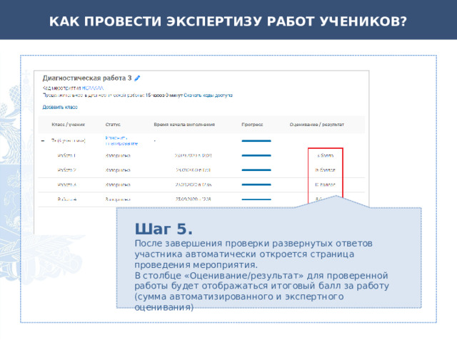 КАК ПРОВЕСТИ ЭКСПЕРТИЗУ РАБОТ УЧЕНИКОВ? Шаг 5. После завершения проверки развернутых ответов участника автоматически откроется страница проведения мероприятия.  В столбце «Оценивание/результат» для проверенной работы будет отображаться итоговый балл за работу (сумма автоматизированного и экспертного оценивания) 