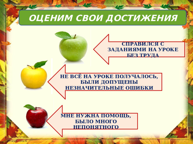 ОЦЕНИМ СВОИ ДОСТИЖЕНИЯ СПРАВИЛСЯ С ЗАДАНИЯМИ НА УРОКЕ БЕЗ ТРУДА НЕ ВСЁ НА УРОКЕ ПОЛУЧАЛОСЬ, БЫЛИ ДОПУЩЕНЫ НЕЗНАЧИТЕЛЬНЫЕ ОШИБКИ МНЕ НУЖНА ПОМОЩЬ, БЫЛО МНОГО НЕПОНЯТНОГО 