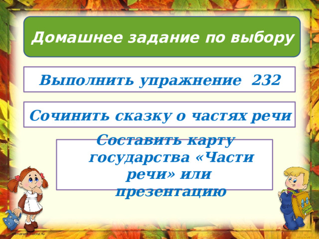 Домашнее задание по выбору Выполнить упражнение 232 Сочинить сказку о частях речи Составить карту государства «Части речи» или презентацию 