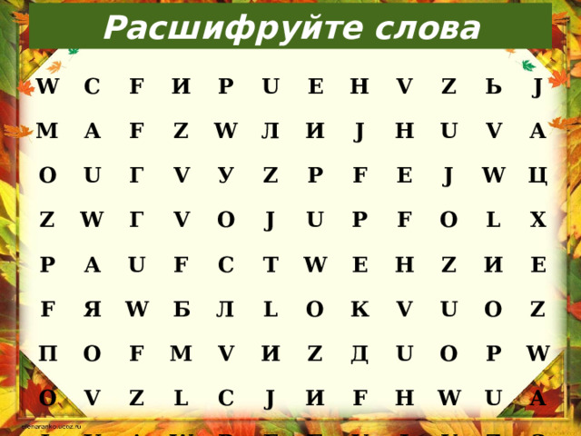 Расшифруйте слова w м с а о f z и f u р w р z г а f г u v w п я u л е у v w н z о и f о о с v j j l v р f б u z л м т z f н u р v е u а l l w ь w о и е с j f v j z о р к н j а w д f v z и l ц u f u б х и о н v о е w j р z у u w А z з 