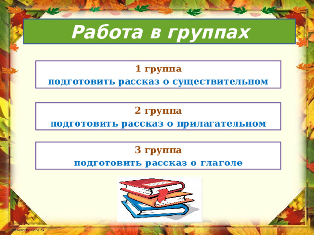 Работа в группах 1 группа подготовить рассказ о существительном 2 группа подготовить рассказ о прилагательном 3 группа подготовить рассказ о глаголе 