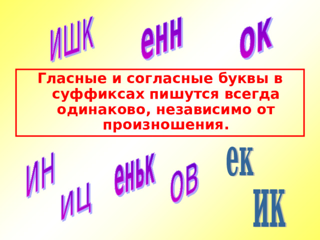 Гласные и согласные буквы в суффиксах пишутся всегда одинаково, независимо от произношения. 