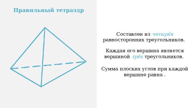 Правильный тетраэдр Составлен из четырёх равносторонних треугольников. Каждая его вершина является вершиной трёх треугольников. Сумма плоских углов при каждой вершине равна .   