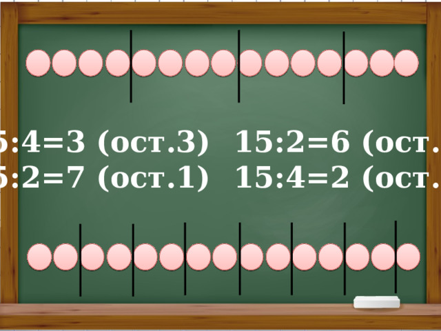                               15:4=3 (ост.3)  15:2=6 (ост.3) 15:2=7 (ост.1)  15:4=2 (ост.7)                               