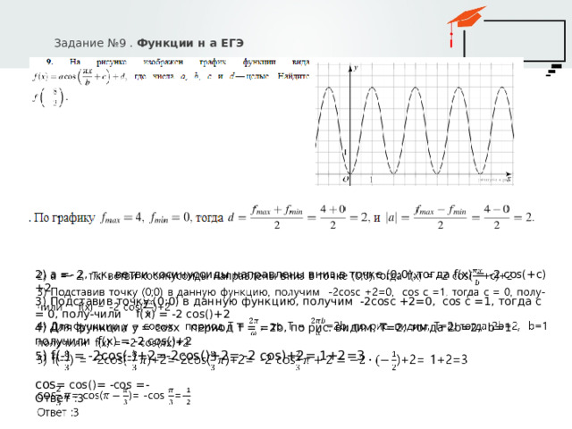 Задание №9 . Функции н а ЕГЭ 2) а =- 2, т.к. ветви косинусоиды направлены вниз в точке (0;0).тогда f(x) = -2 cos(+c)+2   3) Подставив точку (0;0) в данную функцию, получим -2cosc +2=0, сos c =1, тогда с = 0, полу-чили f(x) = -2 cos()+2 4) Для функции у = cosх период Т = =2b, по рис. видим, Т=2, тогда 2b=2, b=1 получили f(x) = -2 cos()+2 5 ) f(-) = -2cos(-)+2=-2cos()+2= -2 cos)+2= 1+2=3 cos = cos()= -cos =- Ответ :3 