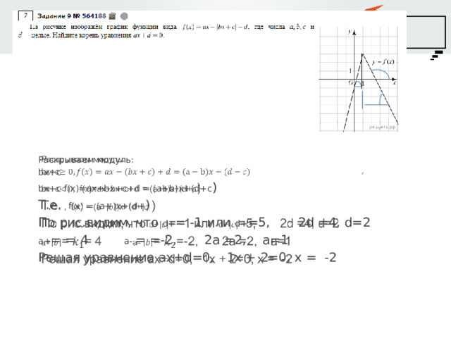   Раскрываем модуль: bx+c bx+c f(x)=ax+bx+c+d = (a+b)x+(d+c ) Т.е. f(x) = (a+)x+(d+ ) По рис.видим, что d+ = -1 или d+ =5, 2d =4, d=2 a+ = = 4 a- = =-2, 2a =2, a=1 Решая уравнение ax+d=0, 1x + 2=0, x = -2 