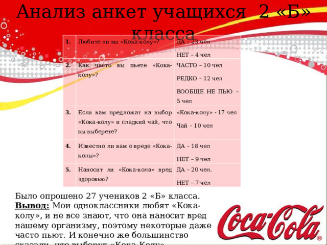 Анализ анкет учащихся 2 «Б» класса   1. Любите ли вы «Кока-колу»? 2. ДА – 23 чел НЕТ – 4 чел Как часто вы пьете «Кока-колу»? 3. 4. Если вам предложат на выбор «Кока-колу» и сладкий чай, что вы выберете? ЧАСТО – 10 чел РЕДКО – 12 чел ВООБЩЕ НЕ ПЬЮ – 5 чел «Кока-колу» - 17 чел Чай – 10 чел Известно ли вам о вреде «Кока- колы»? 5. ДА – 18 чел НЕТ – 9 чел Наносит ли «Кока-кола» вред здоровью? ДА – 20 чел. НЕТ – 7 чел Было опрошено 27 учеников 2 «Б» класса. Вывод: Мои одноклассники любят «Кока-колу», и не все знают, что она наносит вред нашему организму, поэтому некоторые даже часто пьют. И конечно же большинство сказали, что выберут «Кока-Колу» 