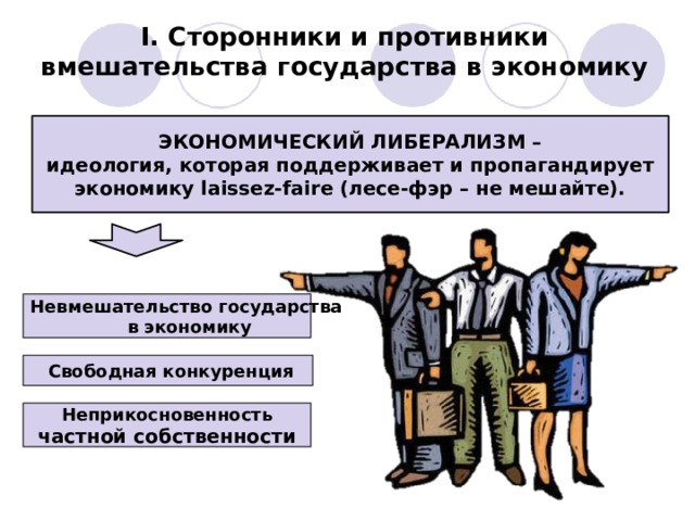 I. Сторонники и противники вмешательства государства в экономику ЭКОНОМИЧЕСКИЙ ЛИБЕРАЛИЗМ – идеология, которая поддерживает и пропагандирует экономику laissez-faire (лесе-фэр – не мешайте). Невмешательство государства  в экономику   Свободная конкуренция Неприкосновенность частной собственности 