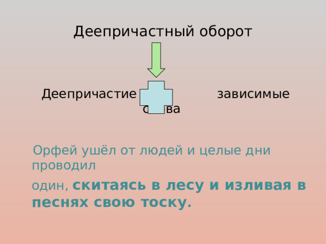 Деепричастный оборот  Деепричастие зависимые слова  Орфей ушёл от людей и целые дни проводил  один, скитаясь в лесу и изливая в песнях свою тоску .  