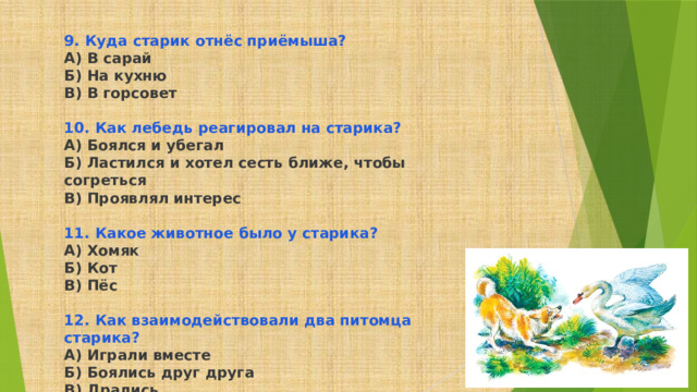 9. Куда старик отнёс приёмыша? А) В сарай Б) На кухню В) В горсовет  10. Как лебедь реагировал на старика? А) Боялся и убегал Б) Ластился и хотел сесть ближе, чтобы согреться В) Проявлял интерес  11. Какое животное было у старика? А) Хомяк Б) Кот В) Пёс  12. Как взаимодействовали два питомца старика? А) Играли вместе Б) Боялись друг друга В) Дрались 