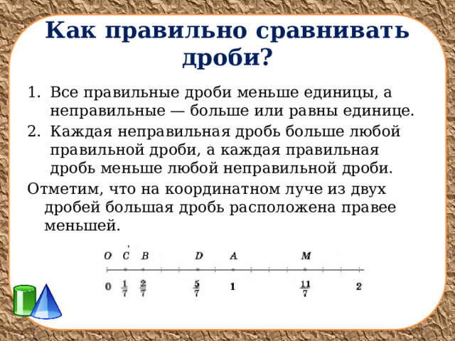 Как правильно сравнивать дроби? Все правильные дроби меньше единицы, а неправильные — больше или равны единице. Каждая неправильная дробь больше любой правильной дроби, а каждая правильная дробь меньше любой неправильной дроби. Отметим, что на координатном луче из двух дробей большая дробь расположена правее меньшей. 