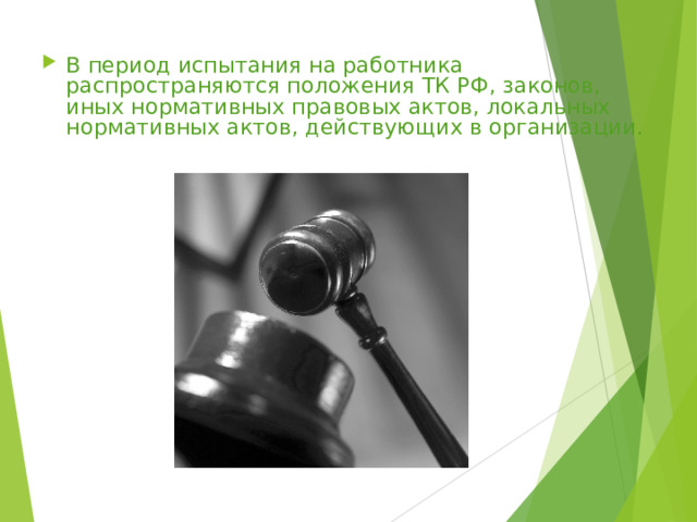 В период испытания на работника распространяются положения ТК РФ, законов, иных нормативных правовых актов, локальных нормативных актов, действующих в организации. 