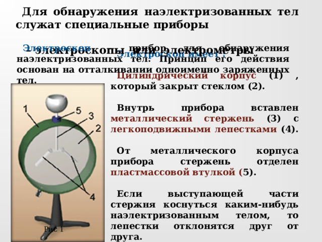 Для обнаружения наэлектризованных тел служат специальные приборы – электроскопы или электрометры Электроскоп – прибор для обнаружения наэлектризованных тел. Принцип его действия основан на отталкивании одноименно заряженных тел. Электроскоп имеет : Цилиндрический корпус (1) , который закрыт стеклом (2).  Внутрь прибора вставлен металлический стержень (3) с легкоподвижными лепестками (4).  От металлического корпуса прибора стержень отделен пластмассовой втулкой ( 5).  Если выступающей части стержня коснуться каким-нибудь наэлектризованным телом, то лепестки отклонятся друг от друга.  Рис 1  