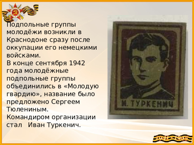 Подпольные группы молодёжи возникли в Краснодоне сразу после оккупации его немецкими войсками. В конце сентября 1942 года молодёжные подпольные группы объединились в «Молодую гвардию», название было предложено Сергеем Тюлениным. Командиром организации стал Иван Туркенич. 