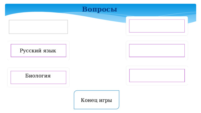 Вопросы Литература Математика Русский язык География Биология Физкультура Конец игры 