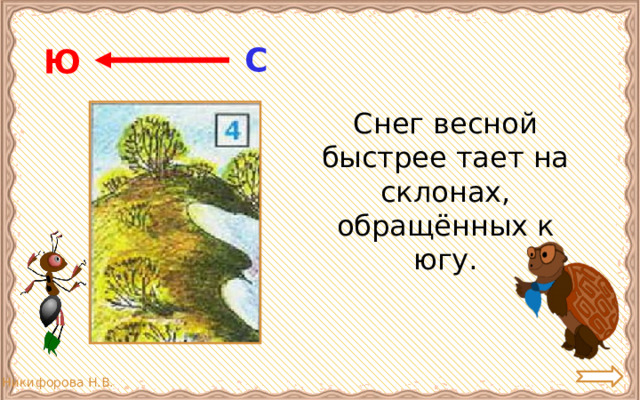 С Ю  Снег весной быстрее тает на склонах, обращённых к югу. 