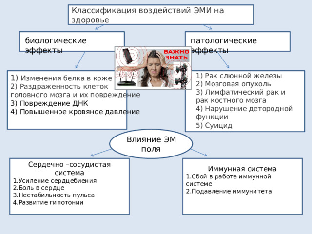 Классификация воздействий ЭМИ на здоровье биологические эффекты патологические эффекты 1) Рак слюнной железы 2) Мозговая опухоль 3) Лимфатический рак и рак костного мозга 4) Нарушение детородной функции 5) Суицид 1) Изменения белка в коже 2) Раздраженность клеток головного мозга и их повреждение  3) Повреждение ДНК 4) Повышенное кровяное давление Влияние ЭМ поля Сердечно –сосудистая система Иммунная система 1.Усиление сердцебиения 1.Сбой в работе иммунной системе 2.Боль в сердце 2.Подавление иммунитета 3.Нестабильность пульса 4.Развитие гипотонии 