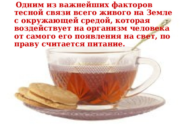  Одним из важнейших факторов тесной связи всего живого на Земле с окружающей средой, которая воздействует на организм человека от самого его появления на свет, по праву считается питание.  