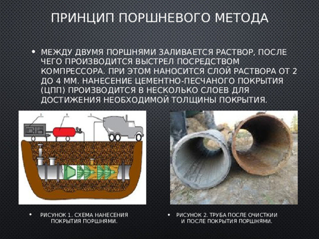 Принцип поршневого метода Между двумя поршнями заливается раствор, после чего производится выстрел посредством компрессора. При этом наносится слой раствора от 2 до 4 мм. Нанесение цементно-песчаного покрытия (ЦПП) производится в несколько слоев для достижения необходимой толщины покрытия. Рисунок 1. Схема нанесения покрытия поршнями. Рисунок 2. Труба после очисткии и после покрытия поршнями. 