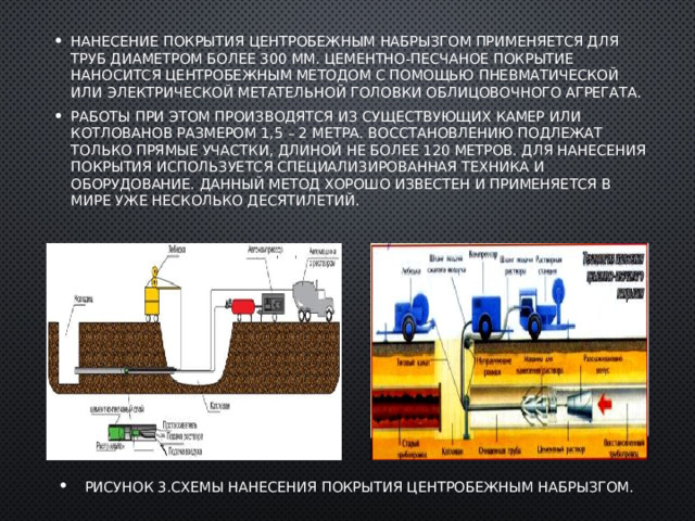 Нанесение покрытия центробежным набрызгом применяется для труб диаметром более 300 мм. Цементно-песчаное покрытие наносится центробежным методом с помощью пневматической или электрической метательной головки облицовочного агрегата. Работы при этом производятся из существующих камер или котлованов размером 1,5 – 2 метра. Восстановлению подлежат только прямые участки, длиной не более 120 метров. Для нанесения покрытия используется специализированная техника и оборудование. Данный метод хорошо известен и применяется в мире уже несколько десятилетий. Рисунок 3.Схемы нанесения покрытия центробежным набрызгом. 