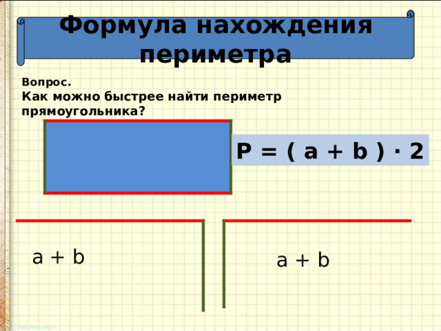 Формула нахождения периметра Вопрос. Как можно быстрее найти периметр прямоугольника? P = ( a + b ) · 2 a + b a + b 