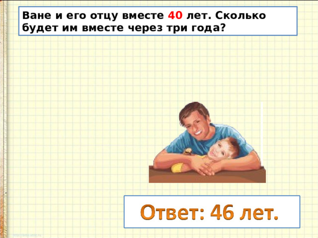 Ване и его отцу вместе 40 лет. Сколько будет им вместе через три года? 