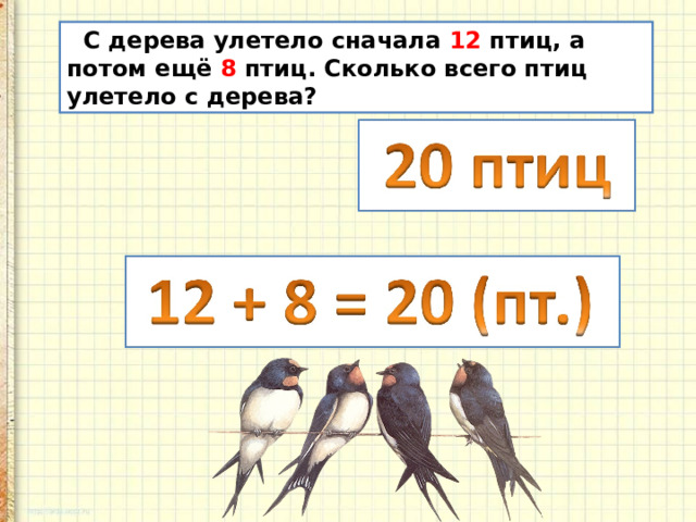  С дерева улетело сначала 12 птиц, а потом ещё 8 птиц. Сколько всего птиц улетело с дерева? 