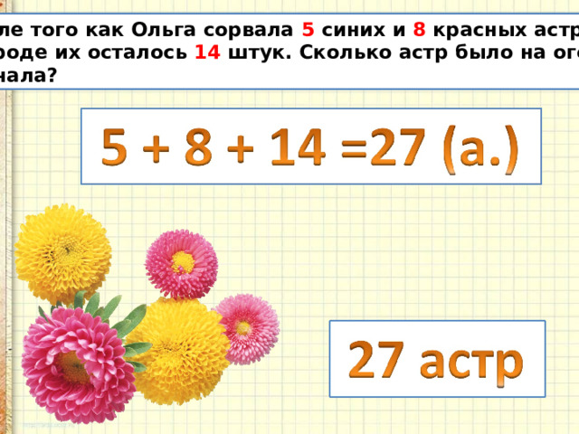 После того как Ольга сорвала 5 синих и 8 красных астр, на огороде их осталось 14 штук. Сколько астр было на огороде сначала? 