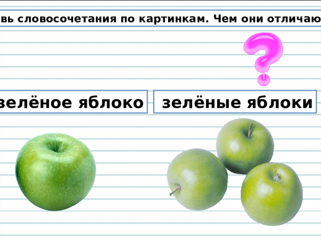 Составь словосочетания по картинкам. Чем они отличаются?  зелёное яблоко  зелёные яблоки 