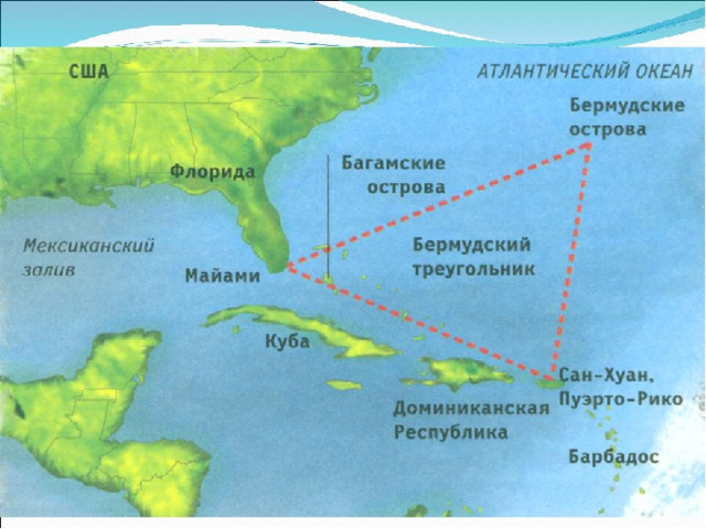 Бермудский треугольник Район в Атлантическом океане. Известен историями о таинственных исчезновениях морских и воздушных судов в области между Бермудскими островами, Флоридой и Пуэрто-Рико . 