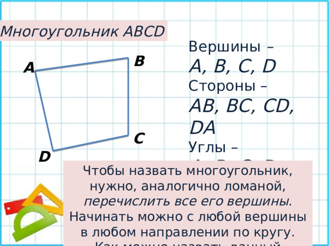 Многоугольник АВСD Вершины – А, В, С, D Стороны – AB, BC, CD, DA Углы – А, B, C, D В А С D Чтобы назвать многоугольник, нужно, аналогично ломаной, перечислить все его вершины . Начинать можно с любой вершины в любом направлении по кругу. Как можно назвать данный многоугольник? 
