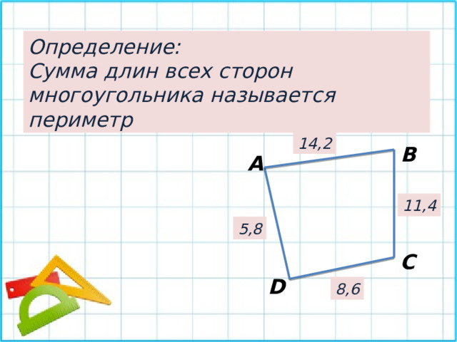 Определение: Сумма длин всех сторон многоугольника называется периметр 14,2 В А 11,4 5,8 С D 8,6 