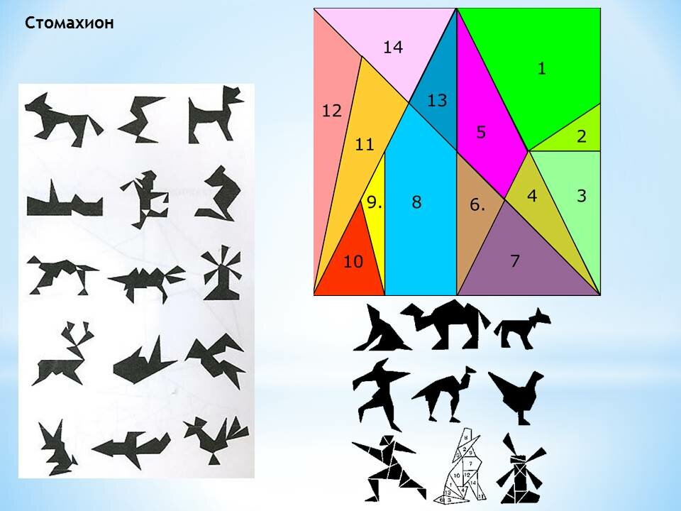 Решающие фигуры. Стомахион Архимед. Головоломка Архимеда Стомахион. Геометрические головоломки Стомахион. Стомахион курица мельница петух.