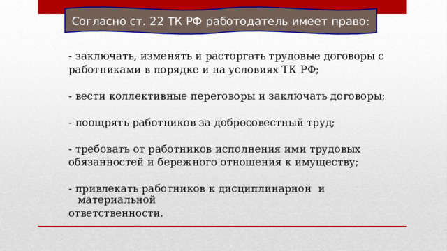 Согласно ст. 22 ТК РФ работодатель имеет право: - заключать, изменять и расторгать трудовые договоры с работниками в порядке и на условиях ТК РФ; - вести коллективные переговоры и заключать договоры; - поощрять работников за добросовестный труд; - требовать от работников исполнения ими трудовых обязанностей и бережного отношения к имуществу; - привлекать работников к дисциплинарной и материальной ответственности. 