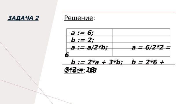 Решение :  а := 6;  b := 2;  а := а/2*b; a = 6/2*2 = 6  b := 2*a + 3*b; b = 2*6 + 3*2 = 18 Задача 2 Ответ : 18 