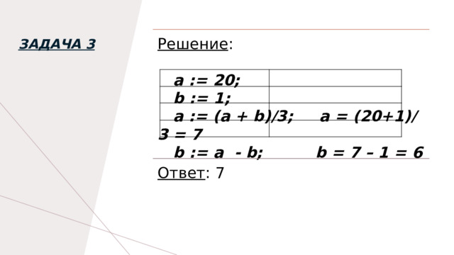 Решение :  а := 20;  b := 1;  а := (а + b)/3; a = (20+1)/3 = 7  b := a - b; b = 7 – 1 = 6 Задача 3 Ответ : 7 