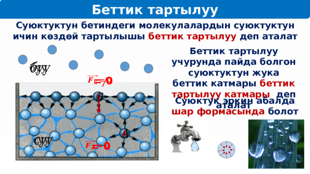 Беттик тартылуу Суюктуктун бетиндеги молекулалардын суюктуктун ичин көздөй тартылышы беттик тартылуу деп аталат Беттик тартылуу учурунда пайда болгон суюктуктун жука беттик катмары беттик тартылуу катмары деп аталат    = 0     Суюктук эркин абалда шар формасында болот        = 0 