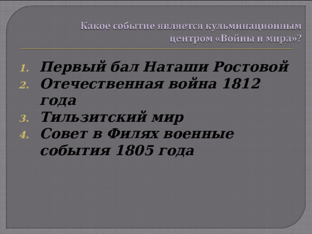 Первый бал Наташи Ростовой Отечественная война 1812 года Тильзитский мир Совет в Филях военные события 1805 года 