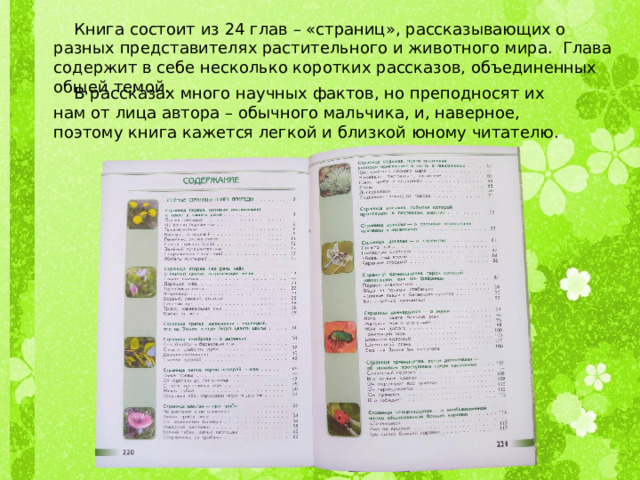  Книга состоит из 24 глав – «страниц», рассказывающих о разных представителях растительного и животного мира. Глава содержит в себе несколько коротких рассказов, объединенных общей темой.  В рассказах много научных фактов, но преподносят их нам от лица автора – обычного мальчика, и, наверное, поэтому книга кажется легкой и близкой юному читателю. 