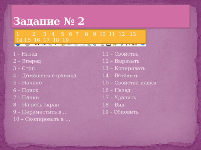 Задание № 2 1 2 3 4 5 6 7 8 9 10 11 12 13 14 15 16 17 18 19 1 – Назад 11 – Свойства 2 – Вперед 12 – Вырезать 3 – Стоп 4 – Домашняя страница 13 – Копировать 14 – Вставить 5 – Начало 6 – Поиск 15 – Свойства папки 16 – Назад 7 – Папки 17 – Удалить 8 – На весь экран 18 – Вид 9 – Переместить в … 10 – Скопировать в … 19 - Обновить 