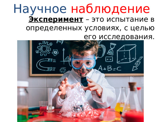 Научное  наблюдение Эксперимент – это испытание в определенных условиях, с целью его исследования. 