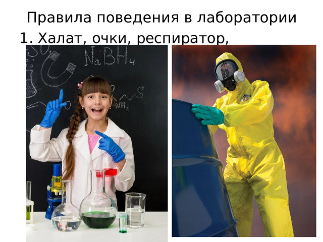 Правила поведения в лаборатории Халат, очки, респиратор, перчатки. 