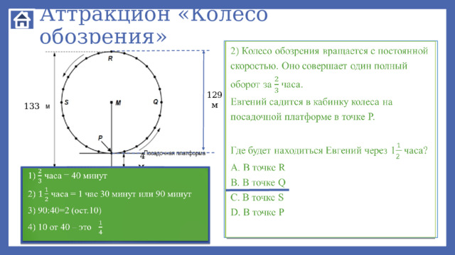 Аттракцион «Колесо обозрения» Огромное колесо обозрения, изображенное на рисунке, находится на берегу реки. Внешний диаметр колеса обозрения составляет 129 метров, его высшая точка находится на высоте 133 метра над руслом реки. Колесо вращается в направлении, показанном стрелками.   2) Колесо обозрения вращается с постоянной скоростью. Оно совершает один полный оборот за часа. Евгений садится в кабинку колеса на посадочной платформе в точке Р. Где будет находиться Евгений через 1часа? A. В точке R B. В точке Q C. В точке S D. В точке P 5 м  129 м 133   1) 133-129=4 метра – высота площадки для посадки 2) 129:2= м – расстояние от центра колеса до площадки 3) +4=68 м – расстояние от русла реки до точки М 4 м  ? 1) часа = 40 минут   2) часа = 1 час 30 минут или 90 минут 3) 90:40=2 (ост.10) 4) 10 от 40 – это 1) Буква М на чертеже обозначает центр колеса. На каком расстоянии от русла реки находится точка М? Ответ дайте в метрах. 