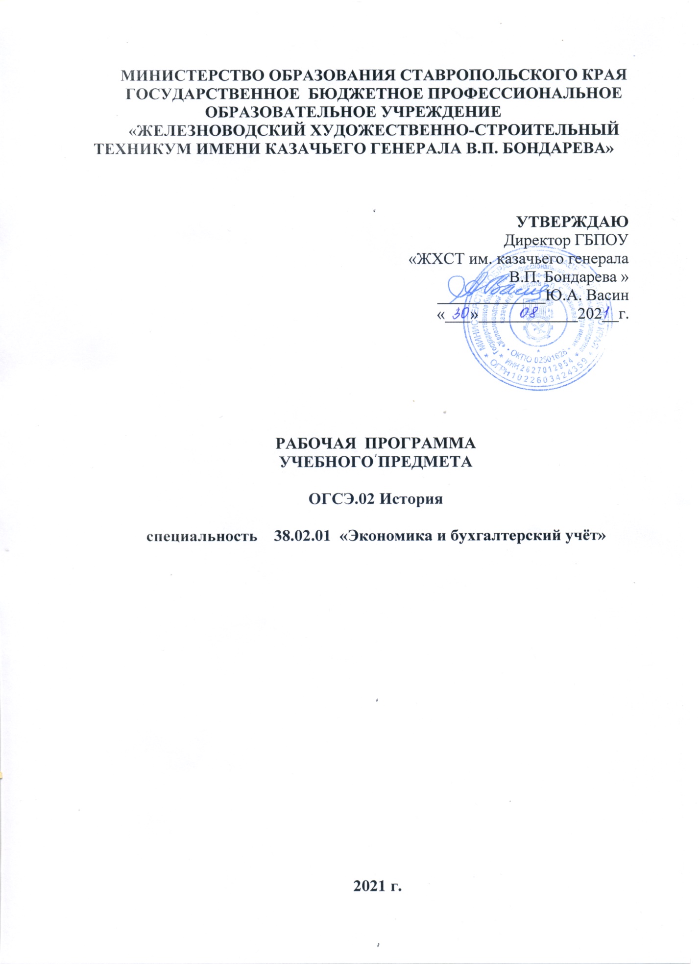 ОГСЭ.02 Рабочая программа по истории для 2 курса по специальности  