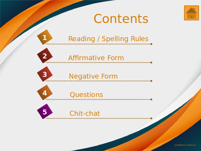 Contents 1 Reading / Spelling Rules 2 Affirmative Form 3 Negative Form 4 Questions 5 Chit-chat 