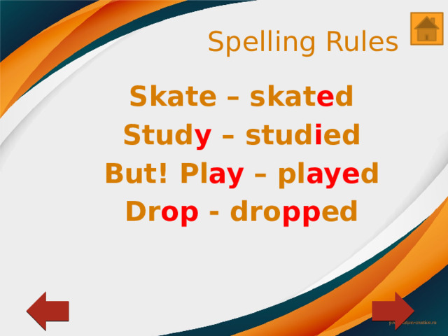 Spelling Rules Skate – skat e d Stud y – stud i ed But! Pl ay – pl aye d Dr op - dro pp ed 