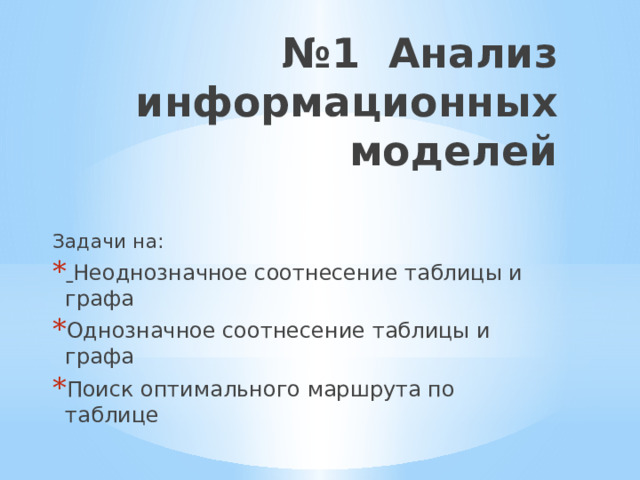 № 1 Анализ информационных моделей Задачи на:  Неоднозначное соотнесение таблицы и графа Однозначное соотнесение таблицы и графа Поиск оптимального маршрута по таблице 