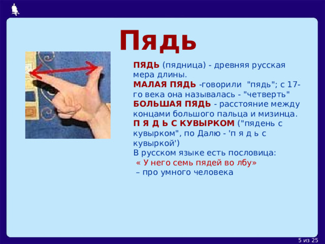 Пядь ПЯДЬ   (пядница) - древняя русская мера длины.   МАЛАЯ ПЯДЬ   -говорили 