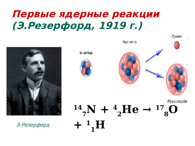 Первые ядерные реакции (Э.Резерфорд, 19 1 9 г.)  14 7 N + 4 2 He → 17 8 O + 1 1 H Э.Резерфорд 